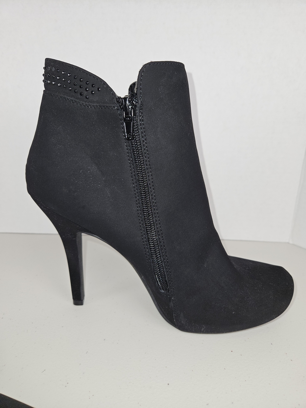 Black Suede High-Heel Ankle Booties with Studded Collar 9 1/2 M - Picture 4 of 16
